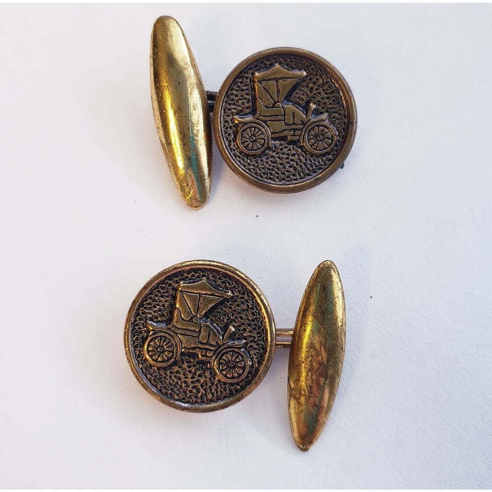 Pair Vintage Cufflinks Gold Tone Unmarked‎ Round Horseless Carriage Antique Cars